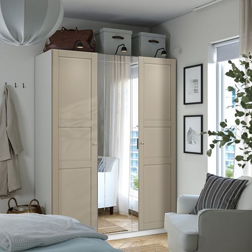 IKEA - PAX/KAMMARTORP/TYSSEDAL, PAX gardırop, beyaz-aynalı cam-gri-bej, 150x60x201 cm