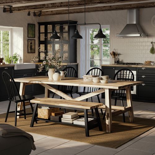 IKEA - SKOGSTA, dining set, acacia/black, 4 chairs and 1 bench