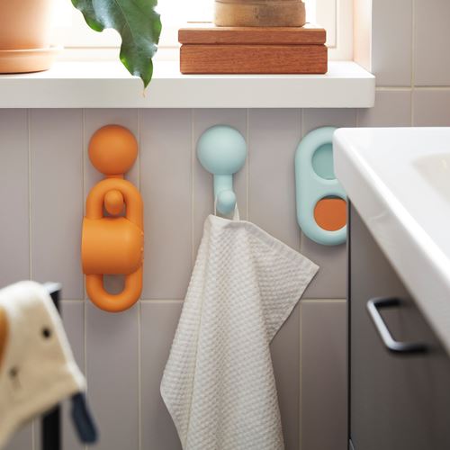 IKEA - HUMLESJÖN, hook with suction cup, orange-turquoise, 12x8 cm