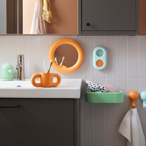 IKEA - HUMLESJÖN, hook with suction cup, orange-turquoise, 12x8 cm