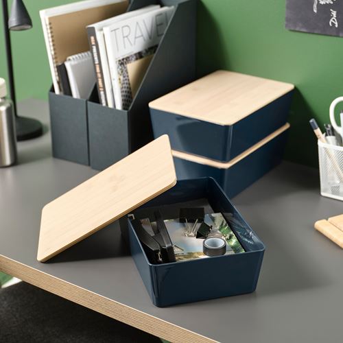 IKEA - KUGGIS, kapaklı kutu, mavi-siyah/bambu, 18x26x8 cm