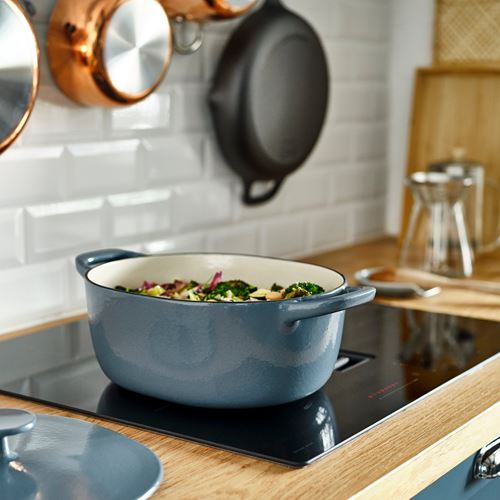 IKEA - VARDAGEN, casserole with lid, enamelled cast iron -light beige/dark grey/blue, 5 l