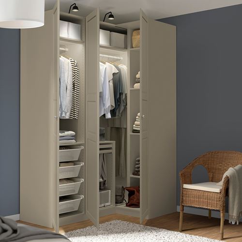 IKEA - PAX/TYSSEDAL, PAX corner wardrobe, grey/beige, 161/111x236 cm