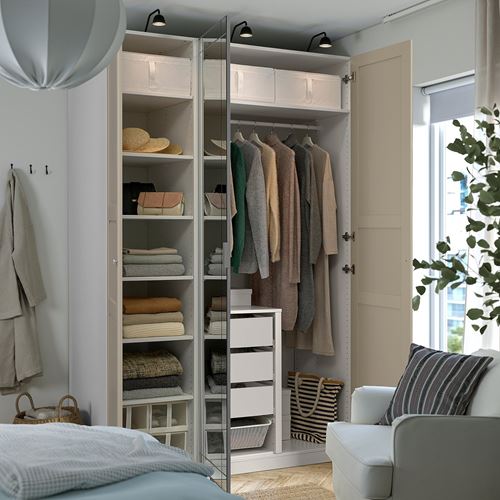 IKEA - PAX/KAMMARTORP/TYSSEDAL, PAX gardırop, beyaz-aynalı cam-gri-bej, 150x60x236 cm