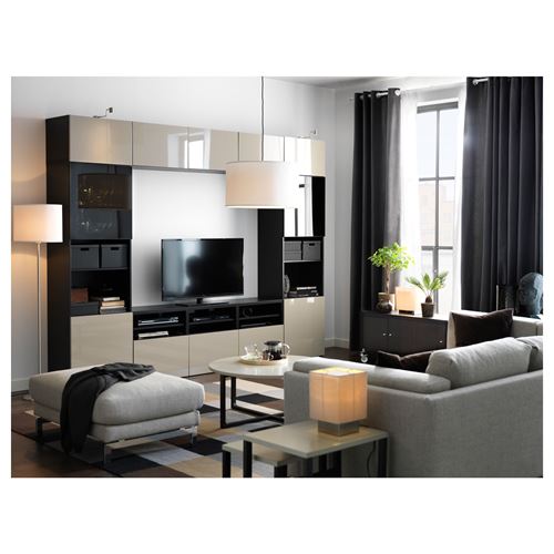 IKEA - BESTA, tv storage unit, black-brown/high-gloss/beige/smoked glass, 300x42x231 cm