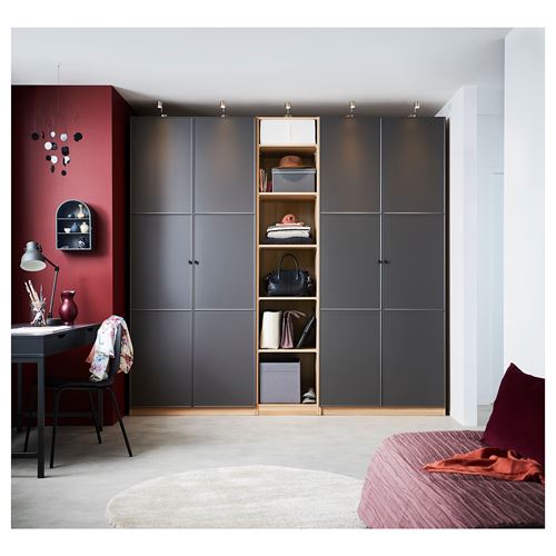 IKEA - PAX/MERAKER, PAX wardrobe, white stained oak effect/dark grey, 250x60x236 cm