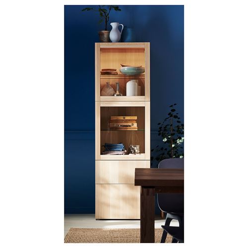 IKEA - BESTA, storage combination, white stained oak effect/white stained oak eff/clear glass, 60x42x192 cm