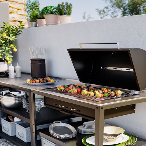 IKEA - GRILLSKAR, charcoal barbecue, stainless steel/black, 172x61 cm