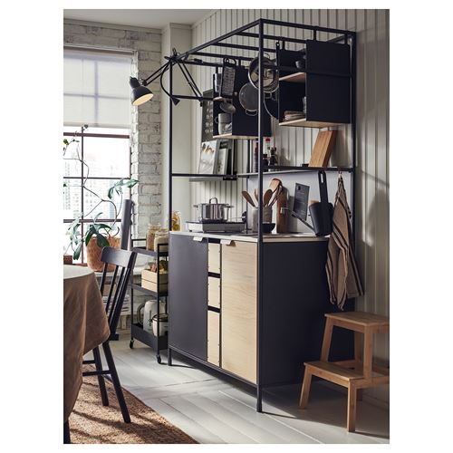 IKEA - ASPINGE/FYNDIG, mini kitchen, black ash-black, 120x60x202 cm