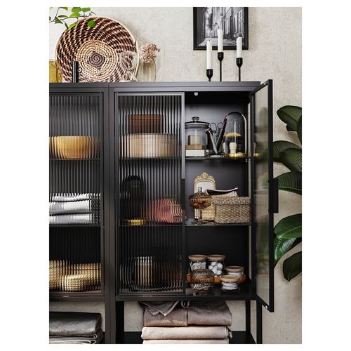 IKEA - MOSSJÖN, glass-door cabinet, anthracite-reeded glass, 60x34x146 cm