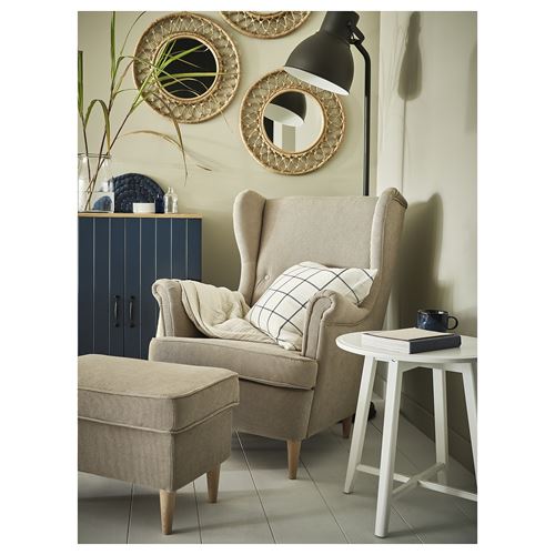 IKEA - STRANDMON, wing chair and pouffe, kelinge beige