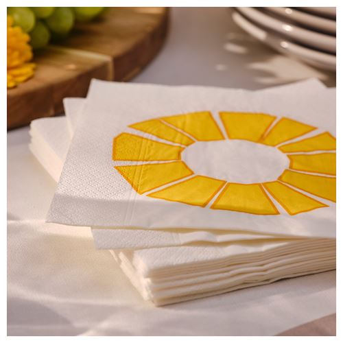 IKEA - BRÖGGAN, patterned napkin, white/yellow, 33x33 cm