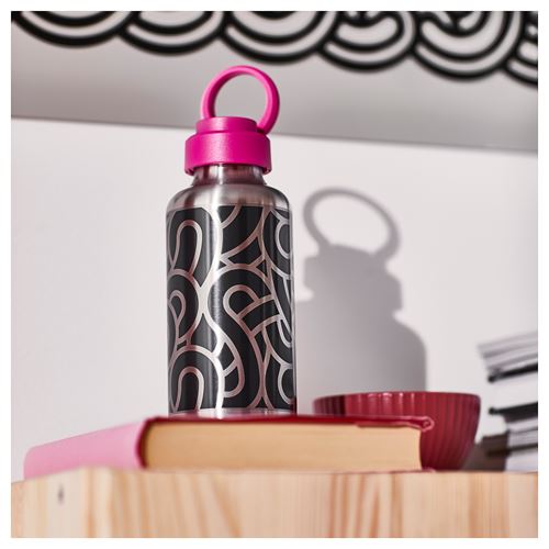 IKEA - ENKELSPARIG, bottle, stainless steel-patterned black/pink, 0,5 l