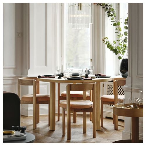 IKEA - STOCKHOLM 2025, yuvarlak yemek masası, meşe kaplama, 4 kişilik