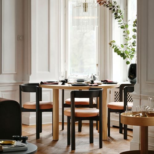 IKEA - STOCKHOLM 2025, yuvarlak yemek masası, meşe kaplama, 4 kişilik