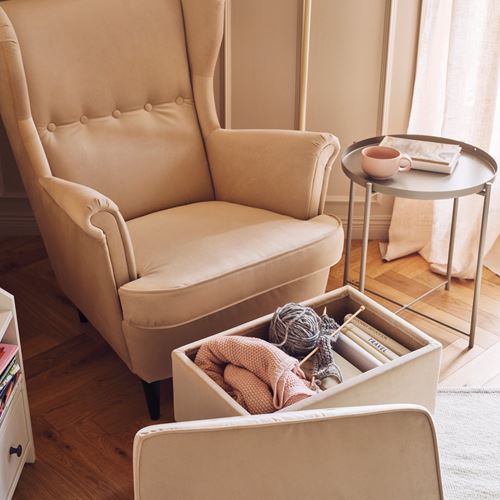 IKEA - STRANDMON, wing chair and pouffe, Tommaboda deep beige